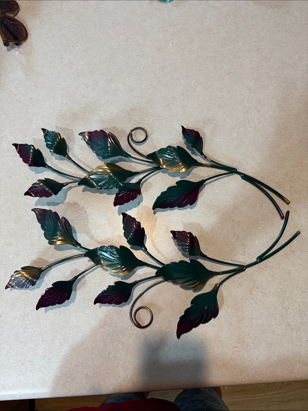 Vintage Decorative Metal Leaf Wall Accent in Green and Burgundy